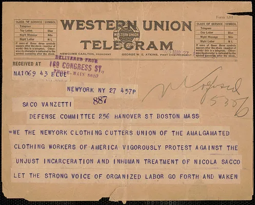 Amalgamated Clothing Workers of America. Clothing Cutters, Local Union 4 telegram to Sacco-Vanzetti Defense Committee, New York, N.Y., March 30, 1923
