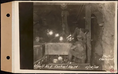 Contract No. 14, East Portion, Wachusett-Coldbrook Tunnel, West Boylston, Holden, Rutland, changing battery in tunnel at Shaft 2, Holden, Mass., Nov. 14, 1928