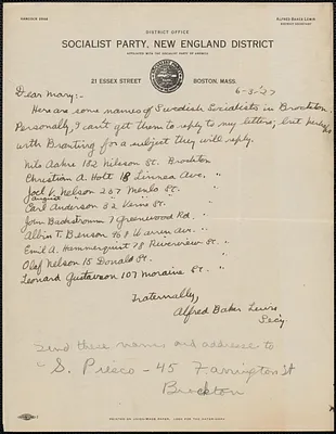 Alfred Baker Lewis (Socialist Party, New England District) autograph note signed to Sacco-Vanzetti Defense Committee, Boston, Mass., June 3, 1927