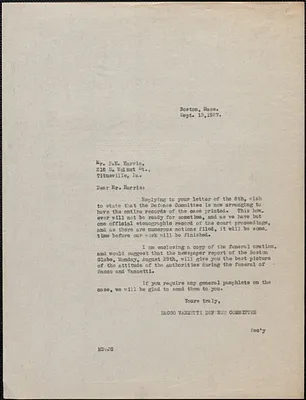 Sacco-Vanzetti Defense Committee typed letter (copy) to P. H. Harris, Boston, Mass., September 13, 1927