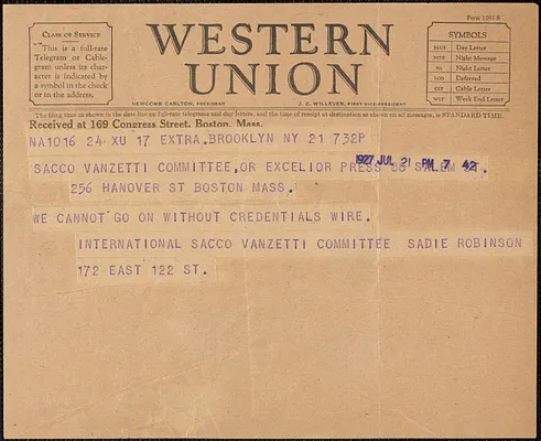 Sadie L. Robinson (International Sacco-Vanzetti Committee) telegram to Sacco-Vanzetti Defense Committee, Brooklyn, N.Y., July 21, 1927