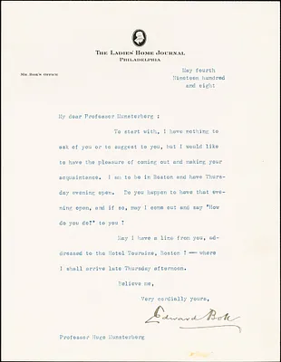 Bok, Edward William, 1863-1930 typed letter signed to Hugo Münsterberg, Philadelphia, 04 May 1908