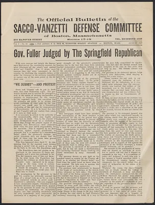 Sacco-Vanzetti Case Records, 1920-1928. Printed Materials. Defense Committee Bulletin, August, 1927. Box 42, Folder 10, Harvard Law School Library, Historical & Special Collections