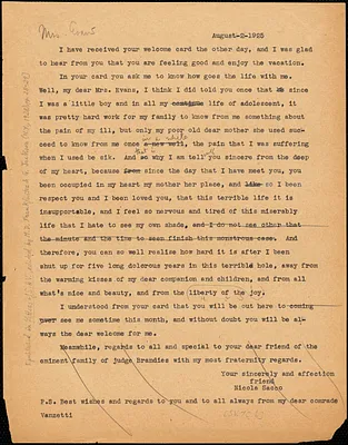 Nicola Sacco typed letter (copy) to [Elizabeth Glendower Evans], [Dedham], 2 August 1925