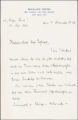 Drechsler, Robert Walter, fl. 1913 autograph letter signed to Hugo Münsterberg, New York, 9 December 1912