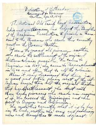 Handwritten Speech Draft, Dedication of Bethesda Monument to Pioneer Mother