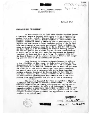 Memorandum from Rear Admiral R. H. Hillenkoetter to President Harry S. Truman