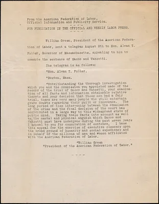 American Federation of Labor, Official Information and Publicity Service press release, [Washington, D. C.], August 8, [1927]
