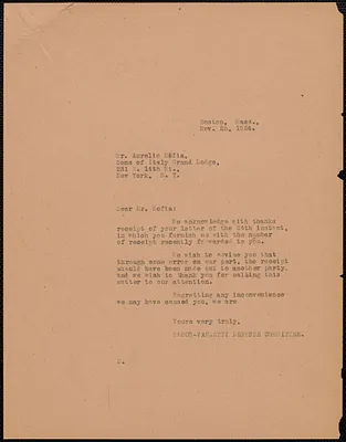 Sacco-Vanzetti Defense Committee typed letter (copy) to Aurelio Sofia (Sons of Italy Grand Lodge), Boston, Mass., November 25, 1924