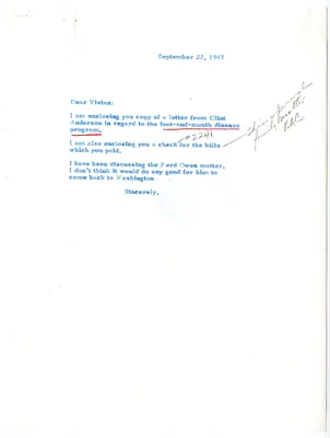 Letter from President Harry S. Truman to J. Vivian Truman with Attached Letter from Secretary of Agriculture to President Harry S. Truman