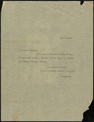 Sacco-Vanzetti Defense Committee typed note (copy) to Margaret Shipman, Boston, Mass., October 1, 1926