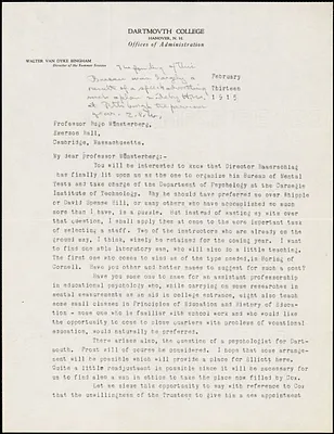 Bingham, Walter Van Dyke, 1880-1952 typed letter signed to Hugo Münsterberg, Hanover, N.H., 13 February 1915