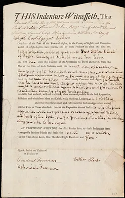 Sally Johnston indentured to apprentice with Esther Clark of Boston, 9 October 1805