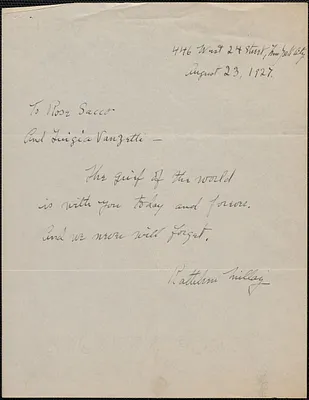 Kathleen Millay autograph note signed to Rose Sacco and Luigia Vanzetti, New York, N. Y., August 23, 1927