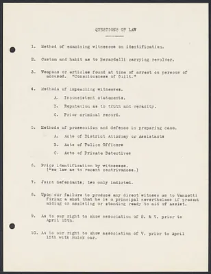 Sacco-Vanzetti Case Records, 1920-1928. Prosecution Papers. Outline "Questions of Law," n.d. Box 27, Folder 16, Harvard Law School Library, Historical & Special Collections