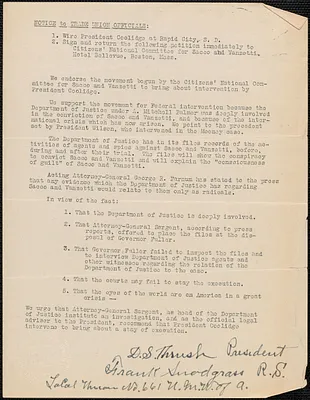 [Citizens National Committee for Sacco and Vanzetti] typed document (copy), [July-August 1927]: Notice to trade union officials