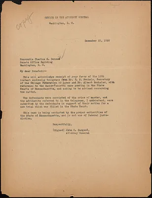 John G. Sargent (Office of the Attorney General) typed letter (copy) to Charles S. Deneen, Washington, D. C., December 23, 1926