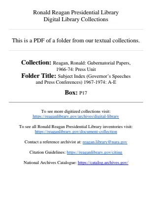 Subject Index (Governoräó»s Speeches and Press Conferences) 1967-1974: A-E