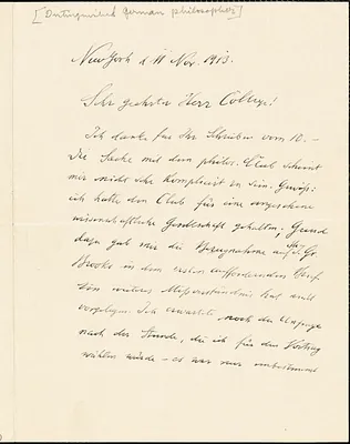 Riehl, Alois, 1844-1924 autograph letter signed to Hugo Münsterberg, New York, 11 November 1913