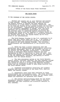 President's letter to Congress regarding the World Weather Program