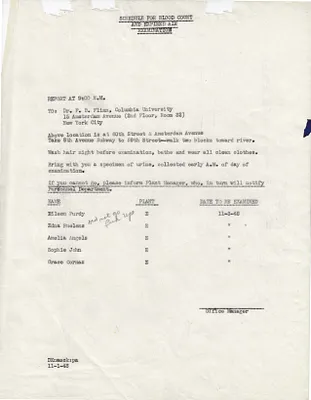 Memorandum to Eileen Purdy, Edna Ruelens, Amelia Angels, Sophie John, Grace Cornaz, November 1, 1948