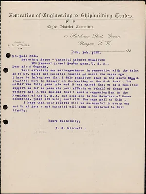 R. C. Mitchell (Federation of Engineering & Shipbuilding Trades) typed letter to Emilio Coda, Govan, Scotland, February 16, 1925
