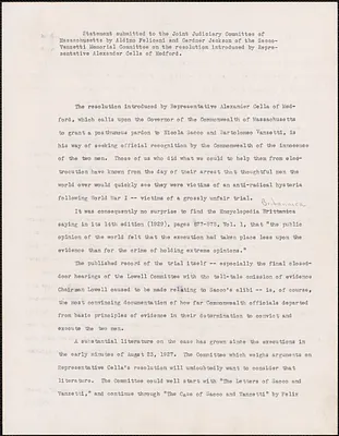 Aldino Felicani and Gardner Jackson (Sacco-Vanzetti Memorial Committee) typed document signed to the Joint Judiciary Committee of Massachusetts, Boston, Mass., March 30, 1959