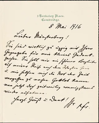 Francke, Kuno, 1855-1930 autograph letter signed to Hugo Münsterberg, Cambridge, Mass., 8 May 1916?