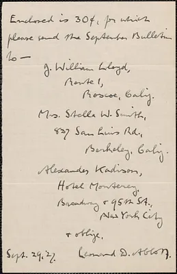 Leonard D. Abbott (The Square Deal) autograph note signed to [Sacco-Vanzetti Defense Committee], New York, N. Y., September 29, 1927