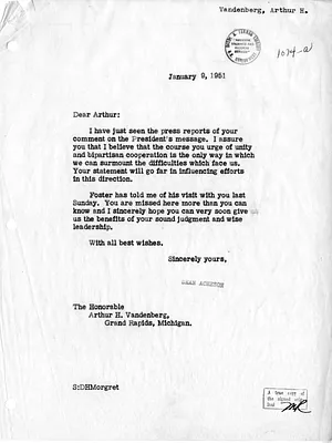 Letter from Secretary of State Dean Acheson to Arthur Vandenberg, with Related Material