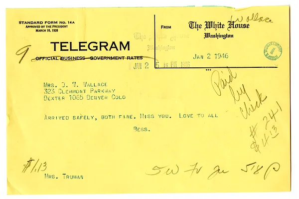 Telegram from Bess W. Truman to Madge Gates Wallace