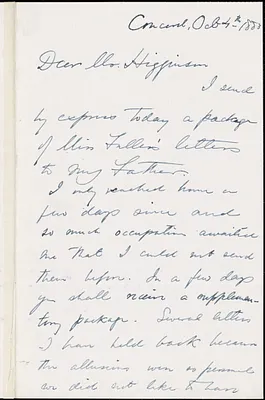 Edward Waldo Emerson autograph note signed to Thomas Wentworth Higginson, Concord, Mass., 4 October 1883