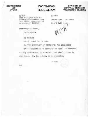 Telegram from John G. Winant to Secrertary of State Edward Stettinius