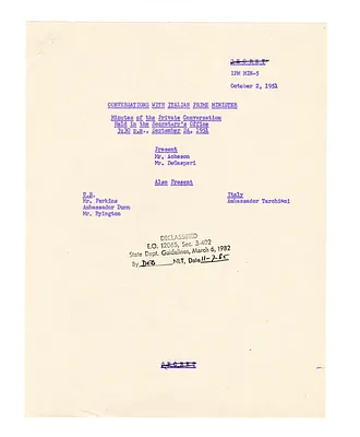 Minutes from Private Conversation of Secretary of State Dean Acheson, Prime Minister Alcide De Gasperi of Italy, and Others