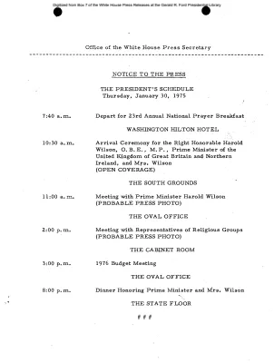 President's Schedule for Thursday, January 30, 1975