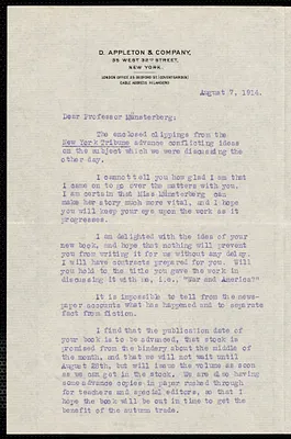 Jewett, Rutger B. autograph letter signed to Hugo Münsterberg, New York, 7 August 1914