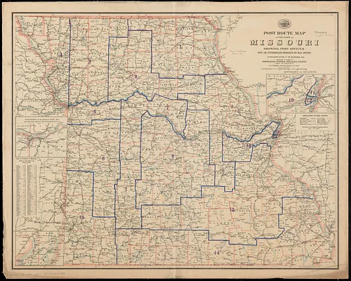 Post route map of the State of Missouri showing post offices with the intermediate distances on mail routes in operation on the 1st. of December, 1895