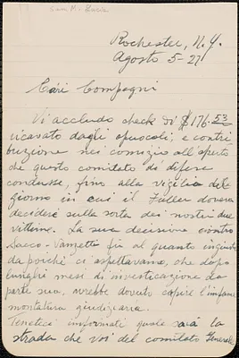 Sam M. Lucia (Sacco e Vanzetti Defense Committee, Rochester) autograph letter signed, in Italian, to Sacco-Vanzetti Defense Committee, Rochester, N.Y., August 5, 1927