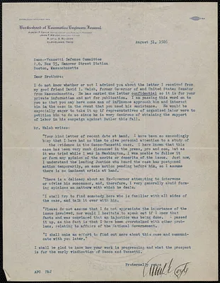 Albert F. Coyle (Brotherhood of Locomotive Engineers Journal) typed letter signed to Sacco-Vanzetti Defense Committee, Cleveland, Ohio, August 31, 1926