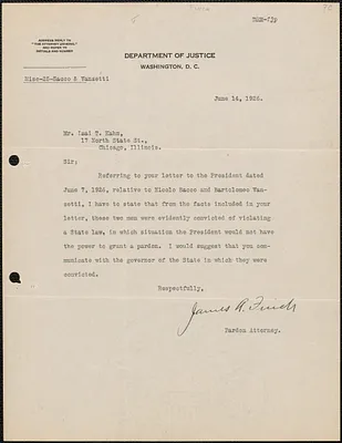 James R. Finch (Department of Justice) typed letter signed to Isai T. Kahn, Washington, D. C., June 14, 1926