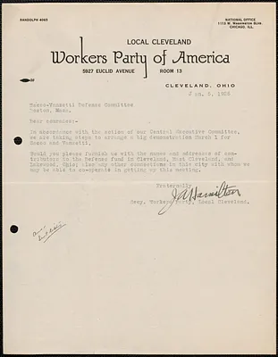 J. A. Hamilton (Workers Party of America) typed letter signed to Sacco-Vanzetti Defense Committee, Cleveland, Ohio, January 5, 1925