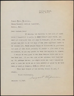 Margaret Shipman typed letter signed to Joseph Moro, Bronx, N. Y., December 15, 1927