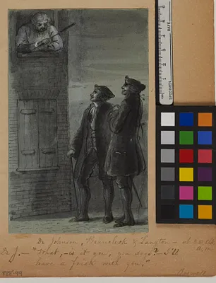 Johnson Addressing Two Men from Window (from James Boswell, Life of Samuel Johnson, 1791)