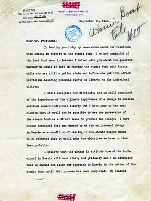 Memorandum from Secretary of War Henry Stimson to President Harry S. Truman with Attachment