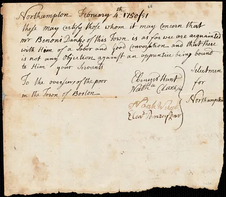 Nathaniel Howard indentured to apprentice with Benoni Danks of Northampton, 15 July 1751