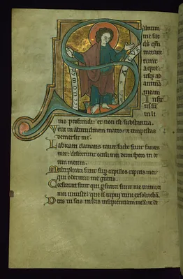 Leaf from the Touke Psalter: Psalm 68, Initial ""S"" with Saint Simon Trampling Hirtacus (?)