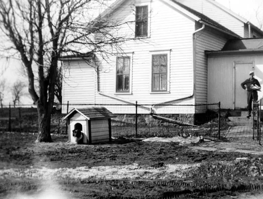 White Wooden House with Dog House, Cedar Falls, 1950