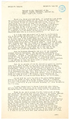 Press Release, Speech of President Harry S. Truman, Duluth, Minnesota