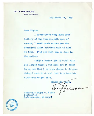 Letter from Harry S. Truman to Edgar Hinde