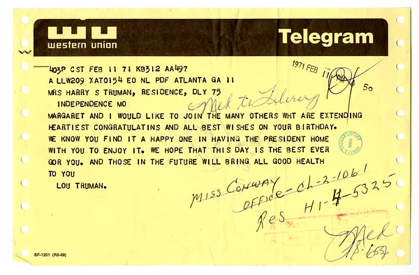 Telegram from Louis W. Truman to Bess W. Truman